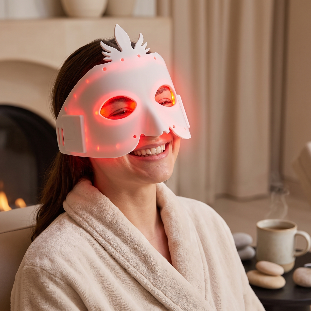 Woman wearing Radia LED Red Light Therapy Face Mask